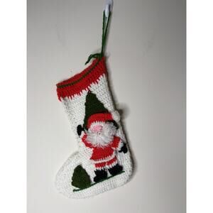 Vintage Hand Crocheted Santa Claus Christmas Stocking White 16" Tree Green Red